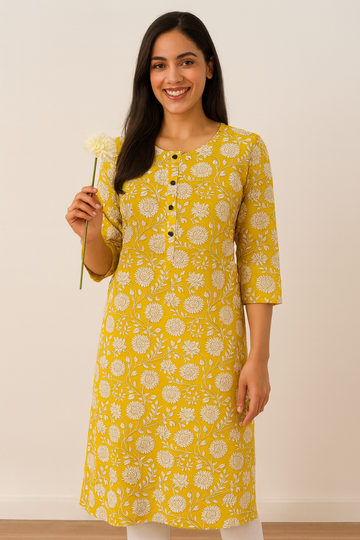 VIBRANT YELLOW FLORAL COTTON KURTA