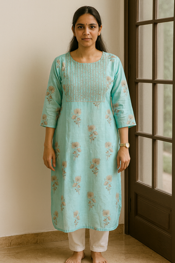 PATEL BLUE FLORAL MUSLIN KURTA