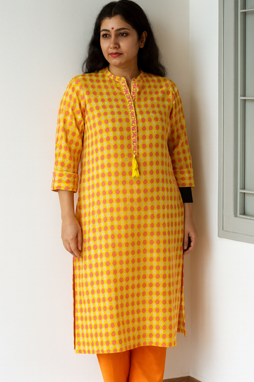 VIBRANT YELLOW-ORANGE GEOMETRIC PRINT COTTON KURTA