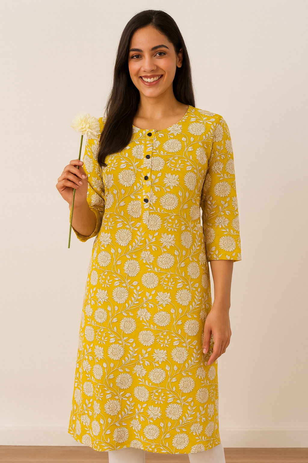 VIBRANT YELLOW FLORAL COTTON KURTA