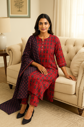 RED COTTON KURTA SET