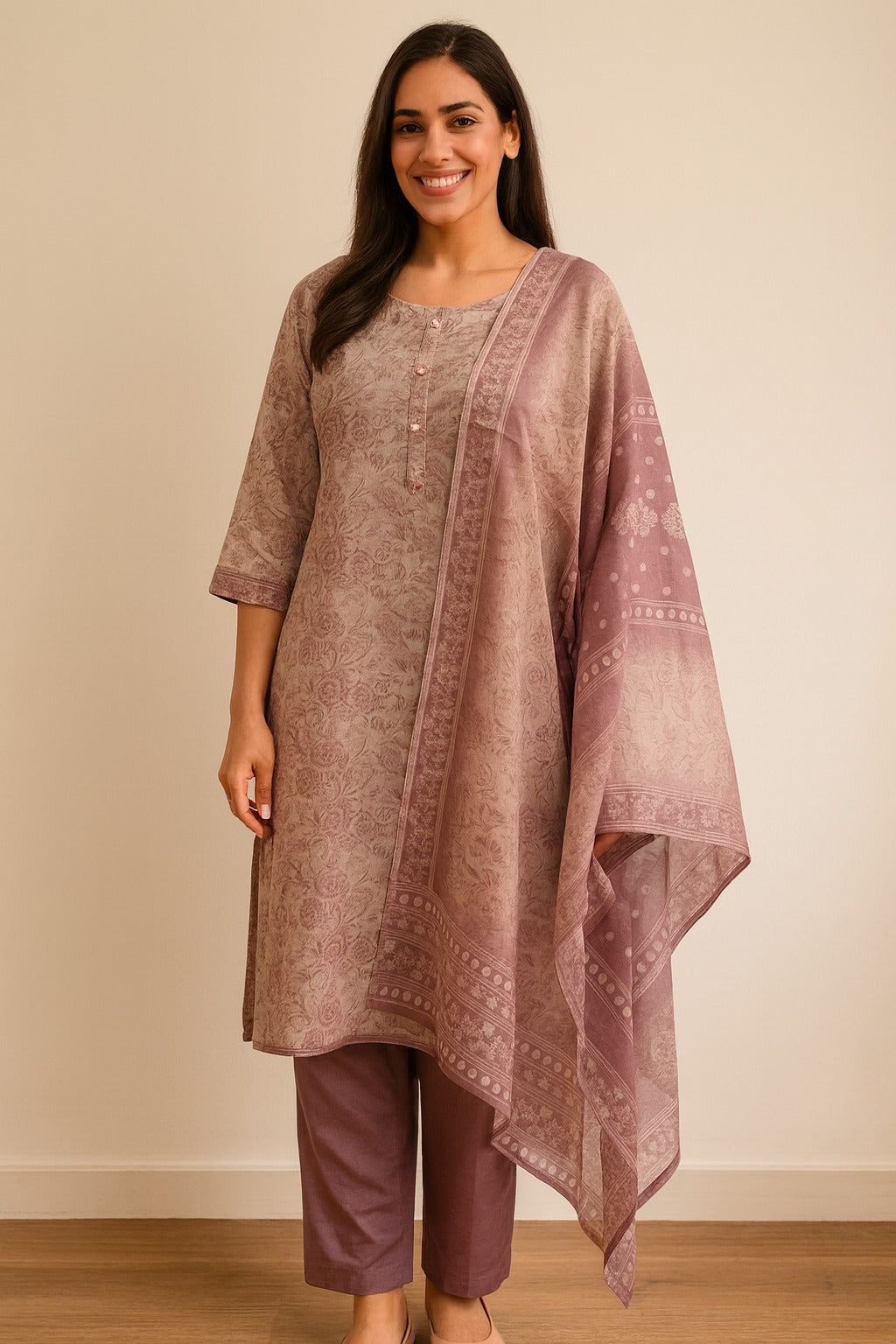 DUSTY PINK FLORAL CHANDERI COTTON KURTA SET WITH DUPATTA