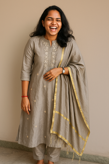 GREY CHANDERI COTTON KURTA SET 😍