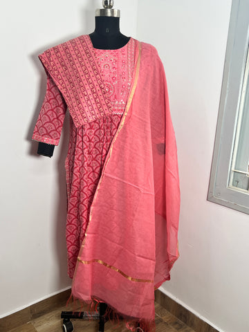 PINK HANDLOOM COTTON KURTA SET WITH DUPATTA