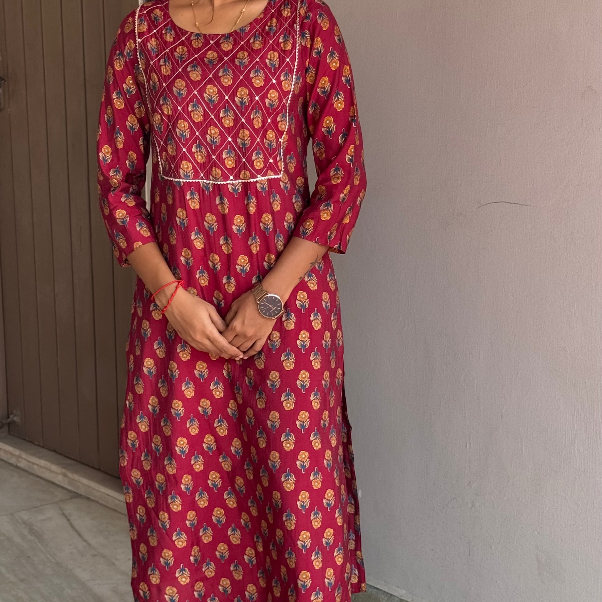 MAROON FLORAL MUSLIN KURTA SET