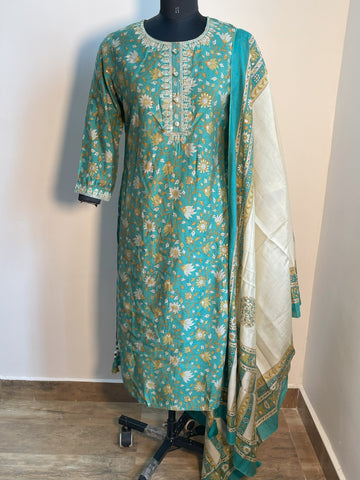 GREEN FLORAL MUSLIN KURTA SET WITH DUPATTA