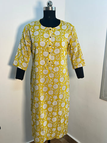 VIBRANT YELLOW FLORAL COTTON KURTA