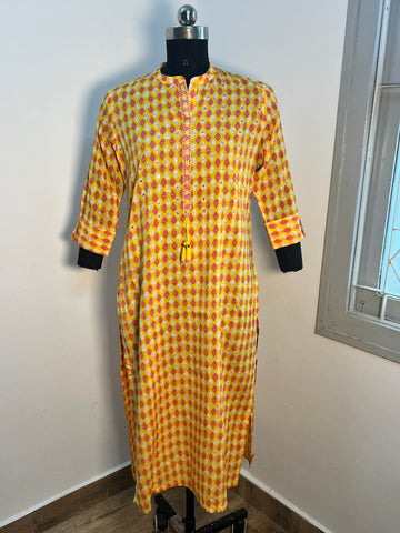 VIBRANT YELLOW-ORANGE GEOMETRIC PRINT COTTON KURTA