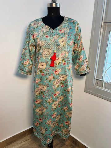 BLUE MUSLIN FLORAL KURTA