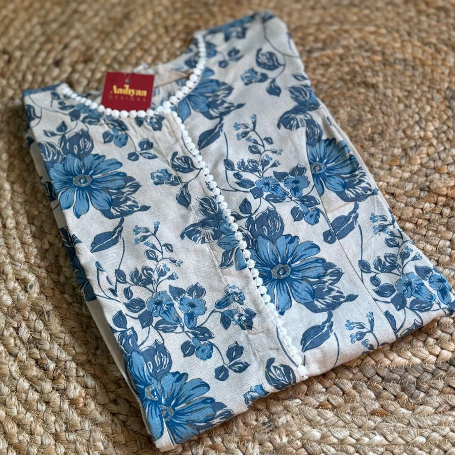 FLORAL STRAIGHT COTTON KURTA - BLUE