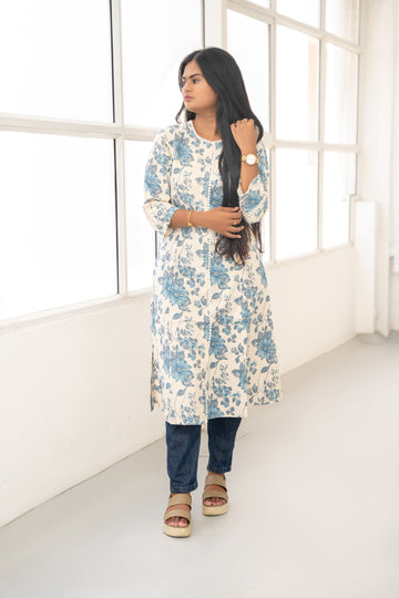 FLORAL STRAIGHT COTTON KURTA - BLUE