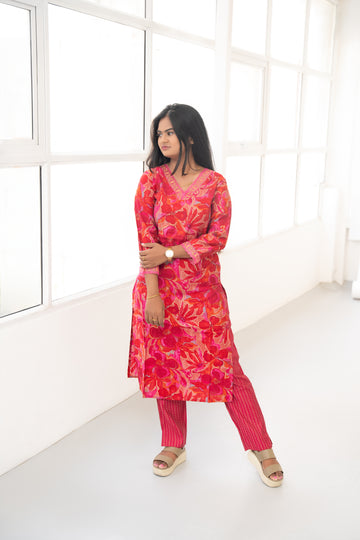 RED MUSLIN KURTA SET