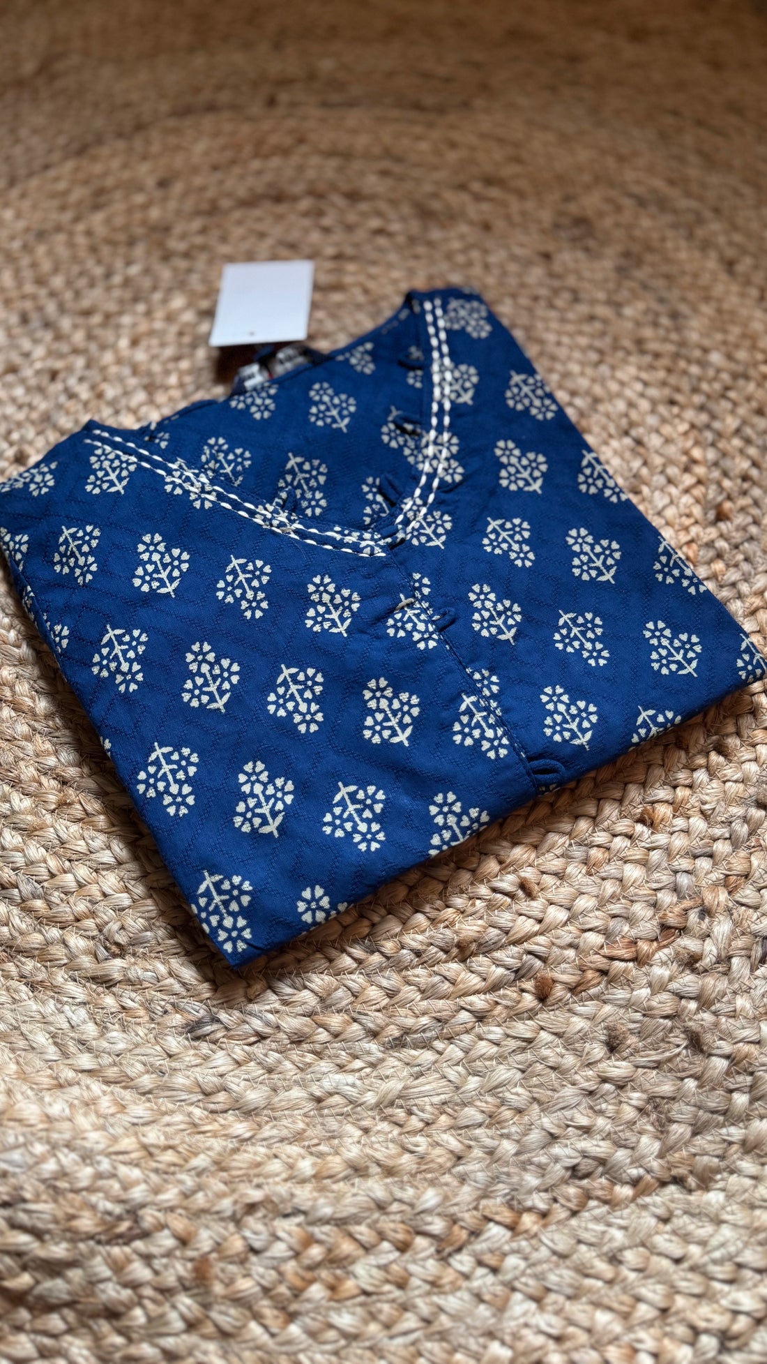 BLUE COTTON KURTA SET WITH V NECK