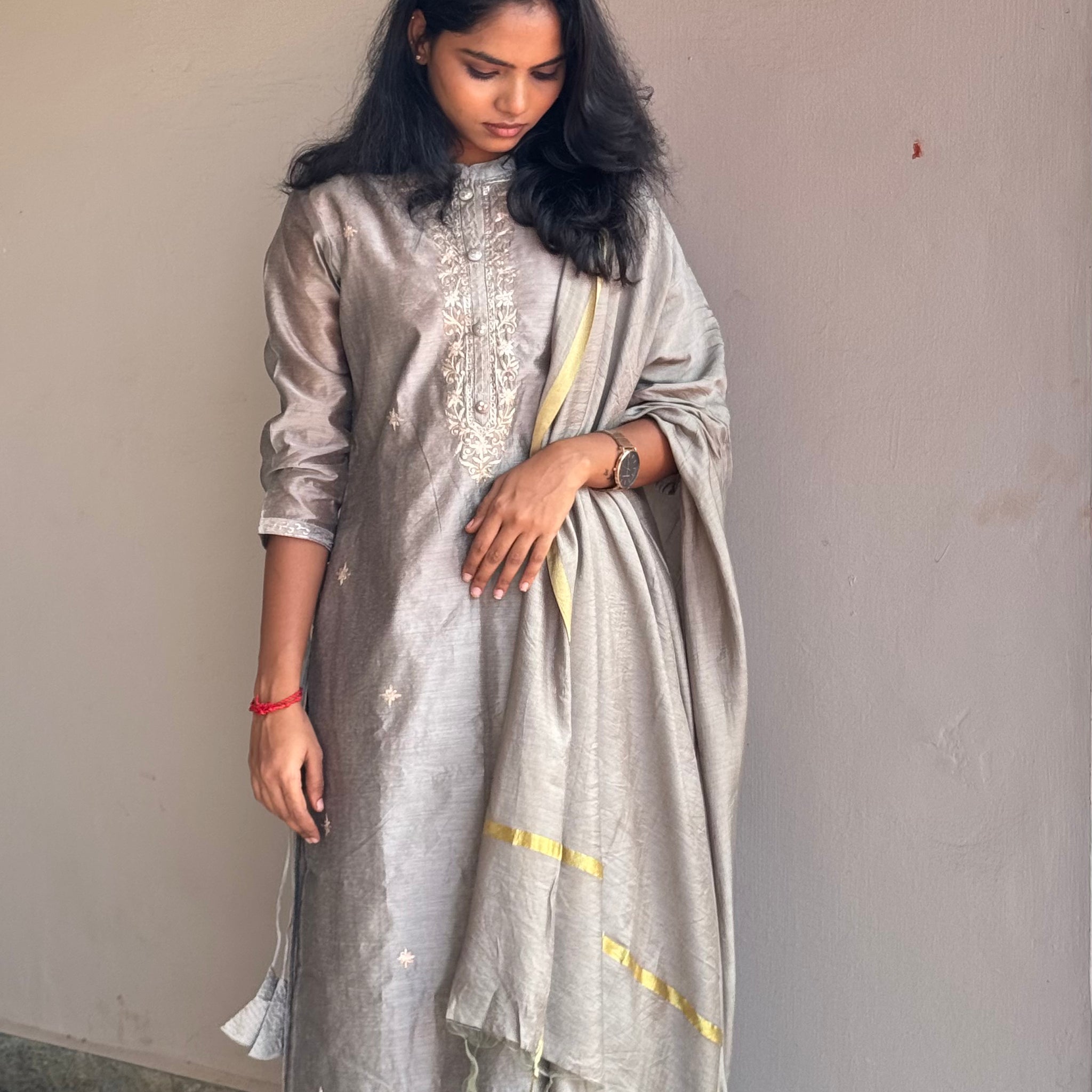 GREY CHANDERI COTTON KURTA SET 😍