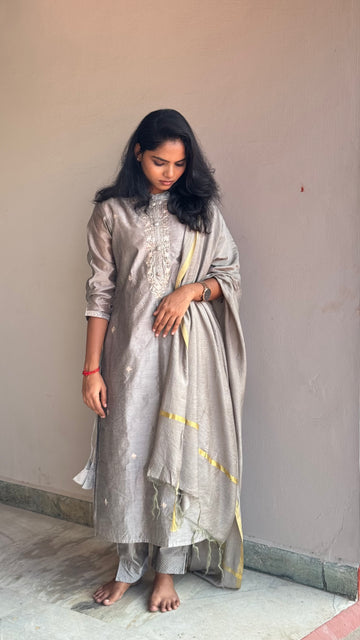 GREY CHANDERI COTTON KURTA SET 😍